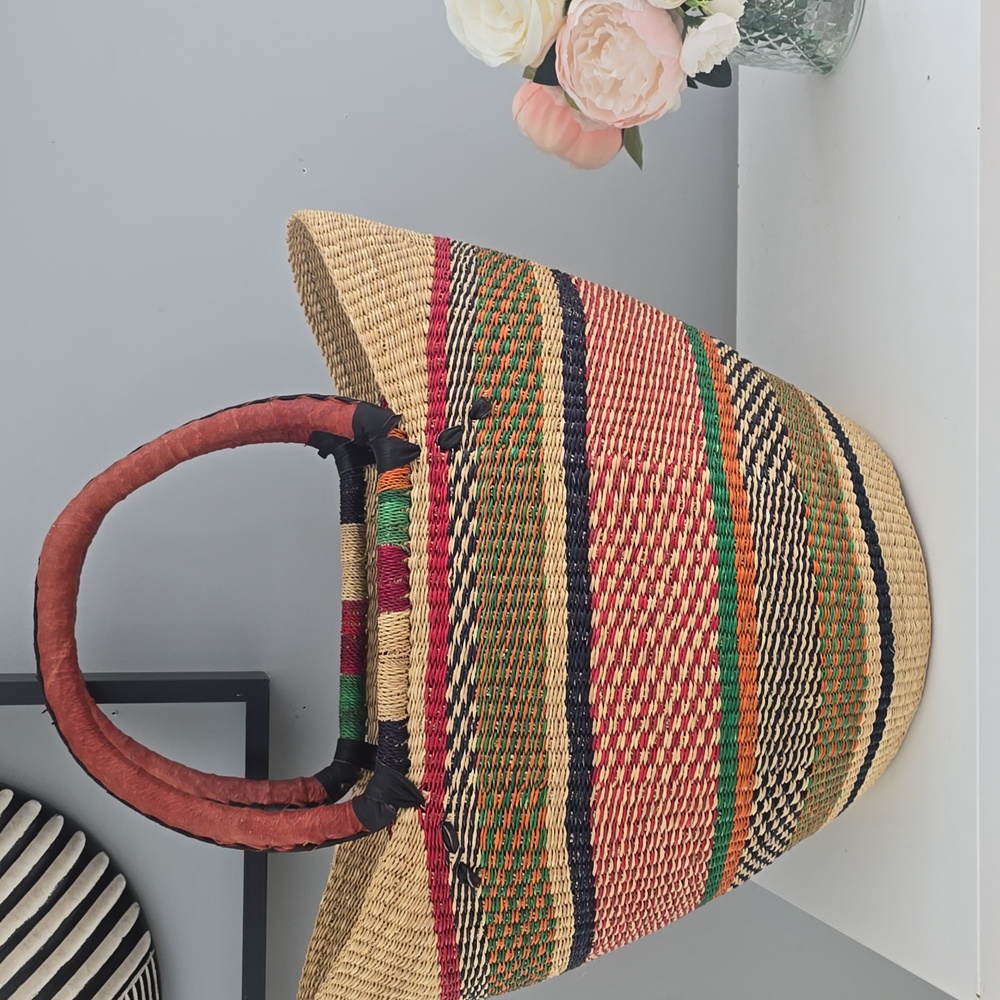 Handwoven Multicolor Straw Tote Bag with Red Handles